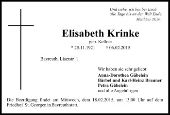 Anzeige von Elisabeth Krinke von Nordbayerischer Kurier