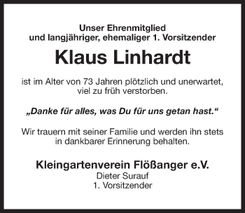 Anzeige von Klaus Linhardt von Nordbayerischer Kurier