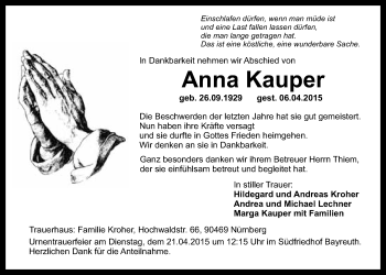 Anzeige von Anna Kauper von Nordbayerischer Kurier