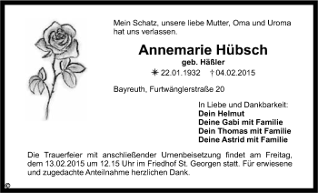 Anzeige von Annemarie Hübsch von Nordbayerischer Kurier