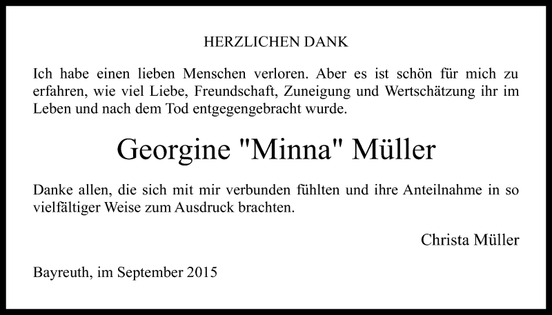  Traueranzeige für Georgine Müller vom 23.09.2015 aus Nordbayerischer Kurier