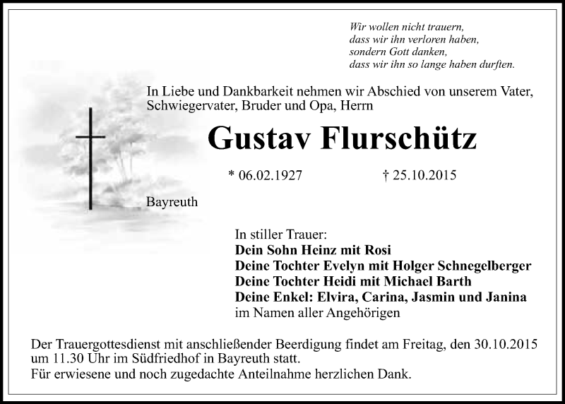  Traueranzeige für Gustav Flurschütz vom 27.10.2015 aus Nordbayerischer Kurier