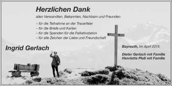 Anzeige von Ingrid Gerlach von Nordbayerischer Kurier