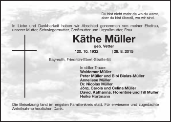 Anzeige von Käthe Müller von Nordbayerischer Kurier