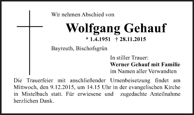  Traueranzeige für Wolfgang Gehauf vom 07.12.2015 aus Nordbayerischer Kurier