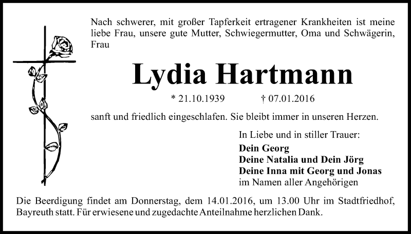  Traueranzeige für Lydia Hartmann vom 12.01.2016 aus Nordbayerischer Kurier