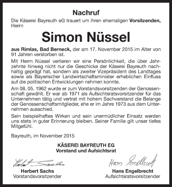Anzeige von Simon Nüssel von Nordbayerischer Kurier