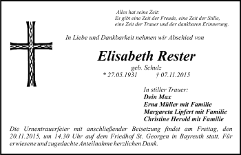 Anzeige von Elisabeth Rester von Nordbayerischer Kurier