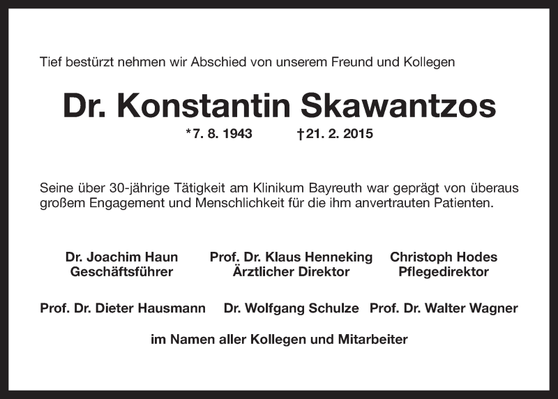  Traueranzeige für Costas Skawantzos vom 04.03.2015 aus Nordbayerischer Kurier