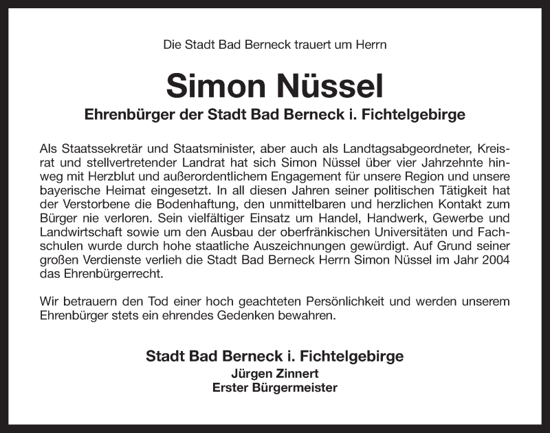 Traueranzeige für Simon Nüssel vom 20.11.2015 aus Nordbayerischer Kurier