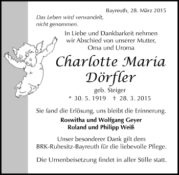Anzeige von Charlotte Maria Dörfler von Nordbayerischer Kurier