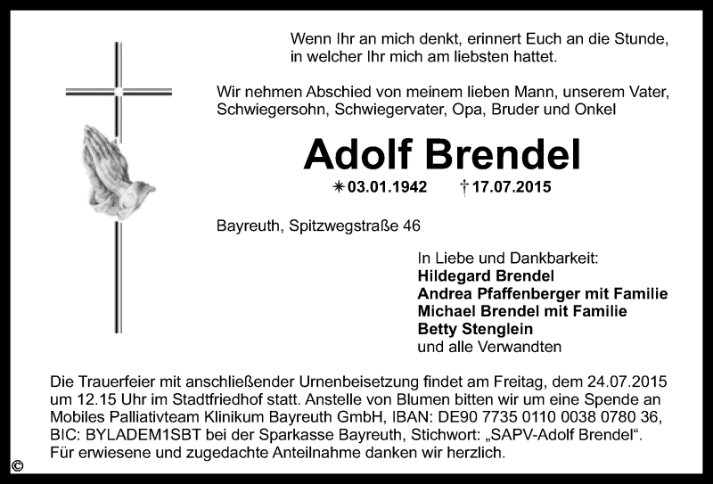  Traueranzeige für Adolf Brendel vom 22.07.2015 aus Nordbayerischer Kurier