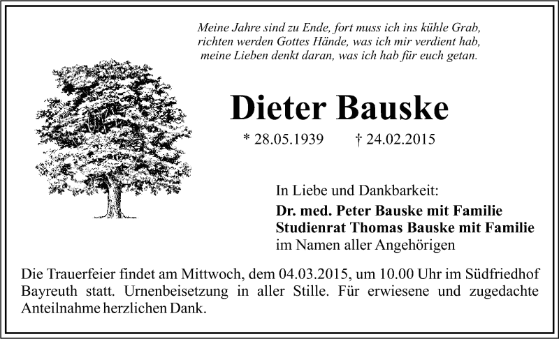  Traueranzeige für Dieter Bauske vom 28.02.2015 aus Nordbayerischer Kurier