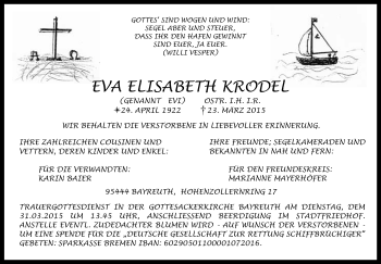 Anzeige von Eva Elisabeth  Krodel von Nordbayerischer Kurier