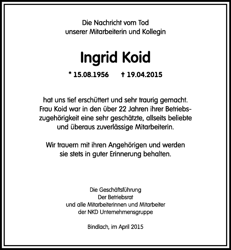 Traueranzeige für Ingrid Koid vom 23.04.2015 aus Nordbayerischer Kurier