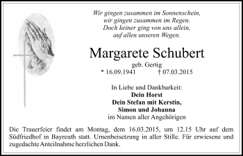 Anzeige von Margarete Schubert von Nordbayerischer Kurier