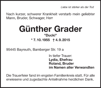 Anzeige von Günther Grader von Nordbayerischer Kurier