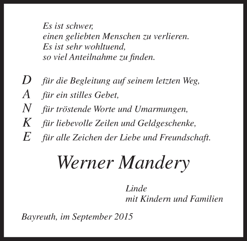  Traueranzeige für Werner Mandery vom 05.09.2015 aus Nordbayerischer Kurier