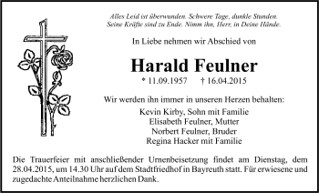 Anzeige von Harald Feulner von Nordbayerischer Kurier