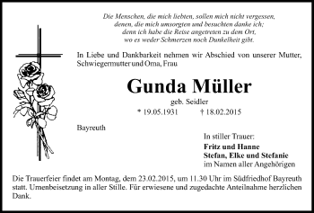 Anzeige von Gunda Müller von Nordbayerischer Kurier