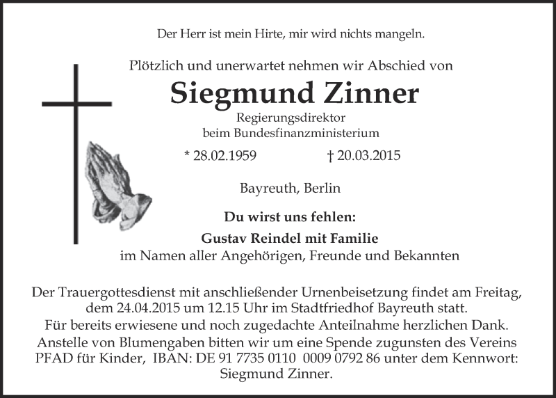  Traueranzeige für Siegmund Zinner vom 20.04.2015 aus Nordbayerischer Kurier