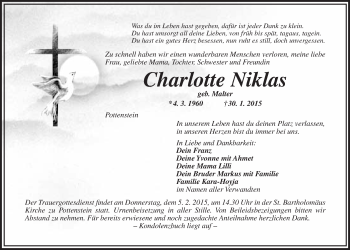 Anzeige von Charlotte Niklas von Nordbayerischer Kurier