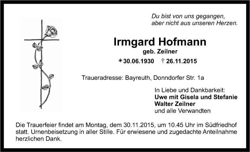  Traueranzeige für Irmgard Hofmann vom 27.11.2015 aus Nordbayerischer Kurier
