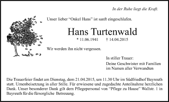 Anzeige von Hans Turtenwald von Nordbayerischer Kurier