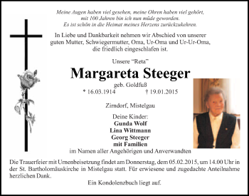 Anzeige von Margareta Steeger von Nordbayerischer Kurier