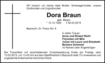 Anzeige von Dora Braun von Nordbayerischer Kurier