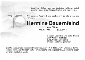 Anzeige von Hermine Bauernfeind von Nordbayerischer Kurier