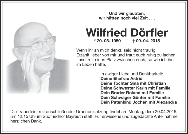 Traueranzeige für Wilfried Dörfler vom 17.04.2015 aus Nordbayerischer Kurier