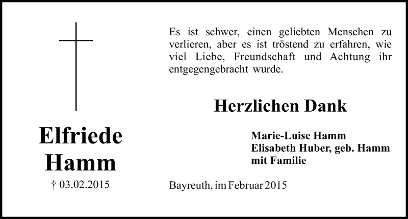 Traueranzeige für Elfriede Hamm vom 14.02.2015 aus Nordbayerischer Kurier