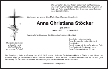 Anzeige von Anna Christiana Stöcker von Nordbayerischer Kurier