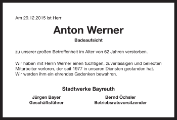 Anzeige von Anton Werner von Nordbayerischer Kurier