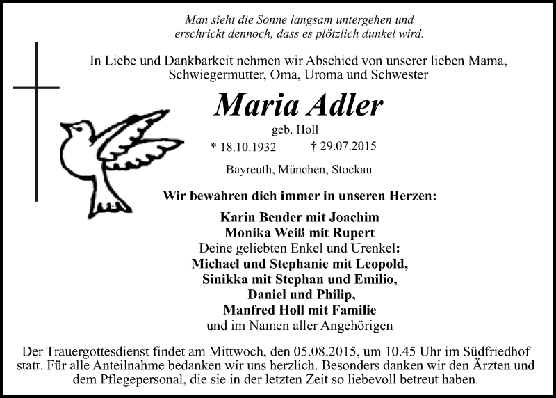  Traueranzeige für Maria Adler vom 04.08.2015 aus Nordbayerischer Kurier