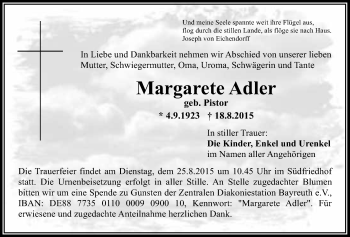 Anzeige von Margarete Adler von Nordbayerischer Kurier