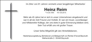 Anzeige von Heinz Reim von Nordbayerischer Kurier