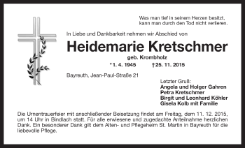 Anzeige von Heidemarie Kretschmer von Nordbayerischer Kurier