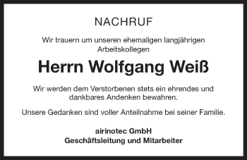 Anzeige von Wolfgang Weiß von Nordbayerischer Kurier