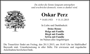 Anzeige von Oskar Perz von Nordbayerischer Kurier