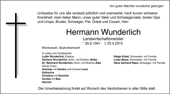 Anzeige von Hermann Wunderlich von Nordbayerischer Kurier