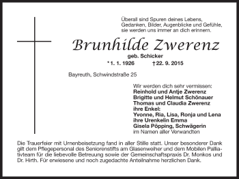 Anzeige von Brunhilde Zwerenz von Nordbayerischer Kurier
