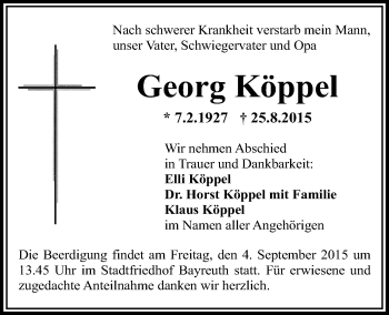 Anzeige von Georg Köppel von Nordbayerischer Kurier