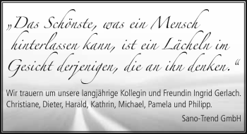 Anzeige von Ingrid Gerlach von Nordbayerischer Kurier