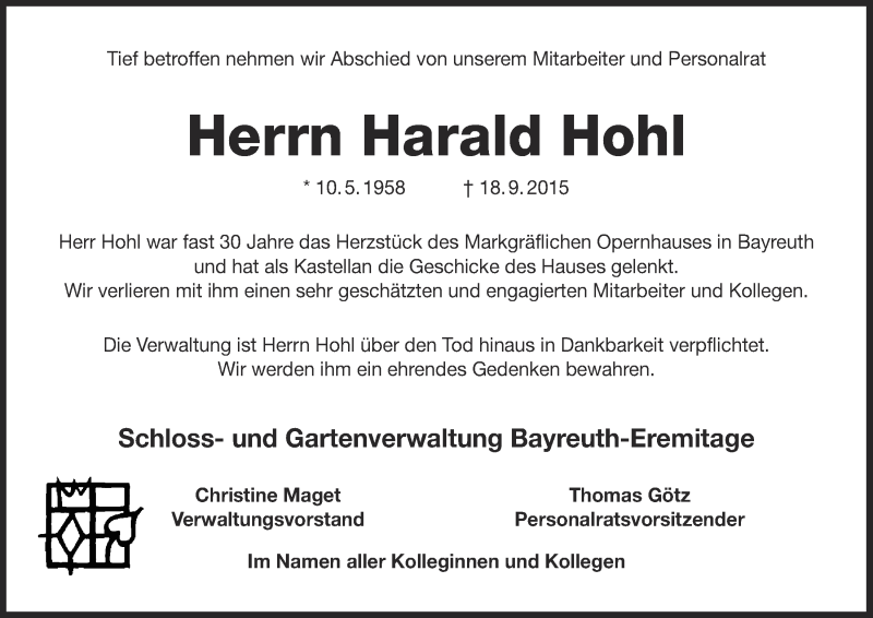  Traueranzeige für Harald Hohl vom 26.09.2015 aus Nordbayerischer Kurier
