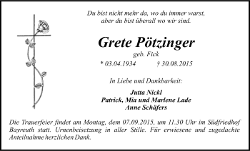 Anzeige von Grete Pötzinger von Nordbayerischer Kurier