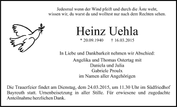 Anzeige von Heinz Uehla von Nordbayerischer Kurier