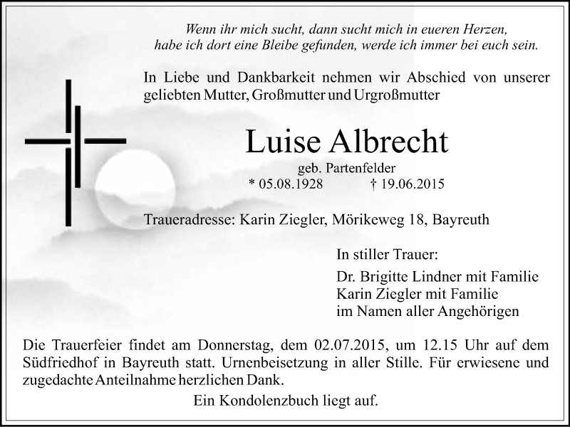  Traueranzeige für Luise Albrecht vom 25.06.2015 aus Nordbayerischer Kurier