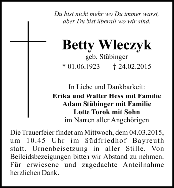 Anzeige von Betty Wleczyk von Nordbayerischer Kurier
